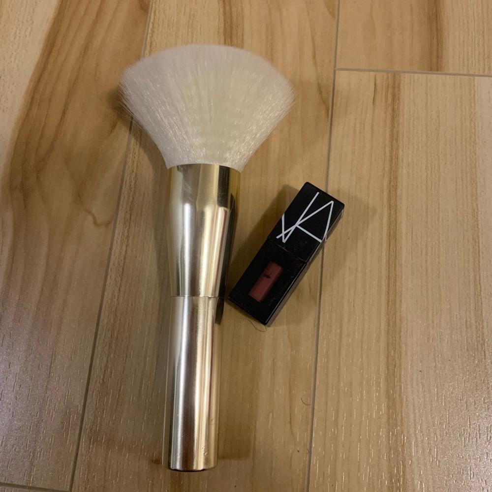 Gold face powder brush and Nars liquid lipstick mini : mini makeup bundle